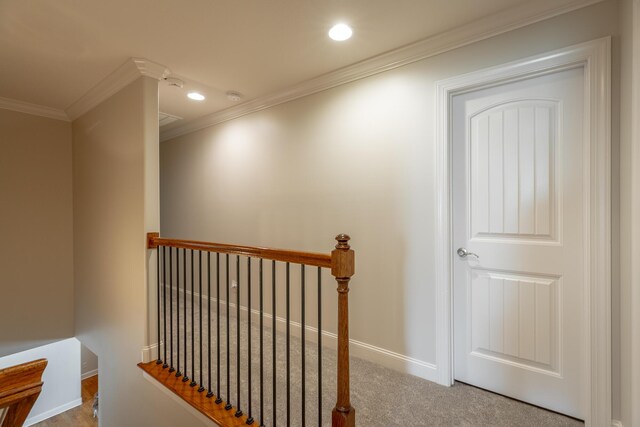 8337 Glenshire Ln, Chattanooga, TN 37421 - staircase featuring carpet floors, crown molding, baseboards, and recessed lighting
