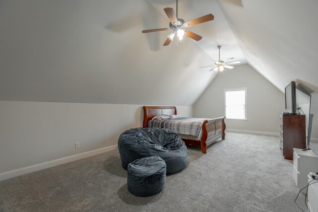 bedroom featuring carpet flooring, ceiling fan, and lofted ceiling