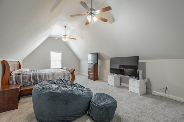 carpeted bedroom featuring lofted ceiling and ceiling fan