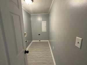 clothes washing area featuring light wood-type flooring, ornamental molding, and hookup for an electric dryer