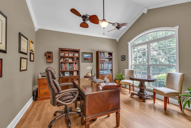 office space featuring ceiling fan, a wealth of natural light, and light hardwood / wood-style flooring