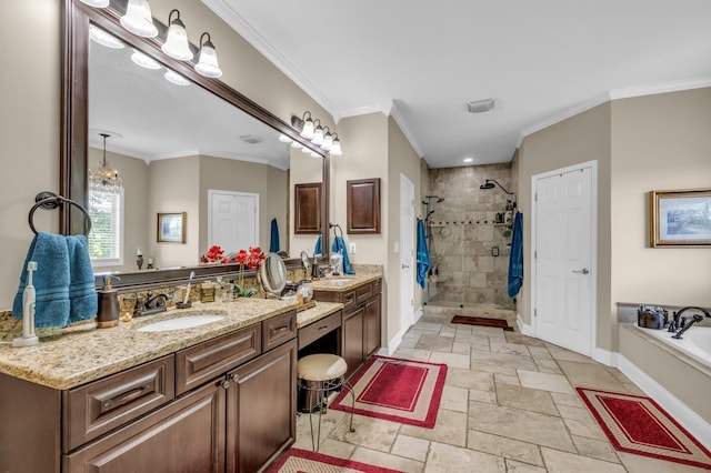 bathroom featuring crown molding, vanity, and shower with separate bathtub