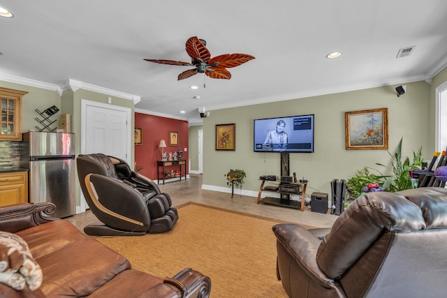 living room with crown molding and ceiling fan