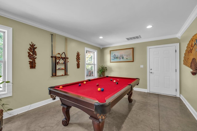 recreation room with ornamental molding, concrete floors, and pool table