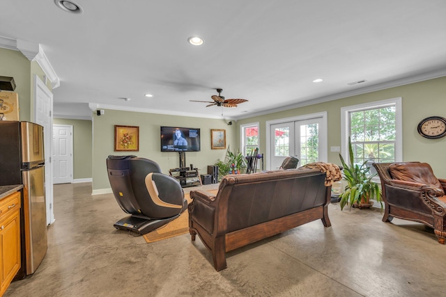 living room with concrete floors, crown molding, ceiling fan, and french doors