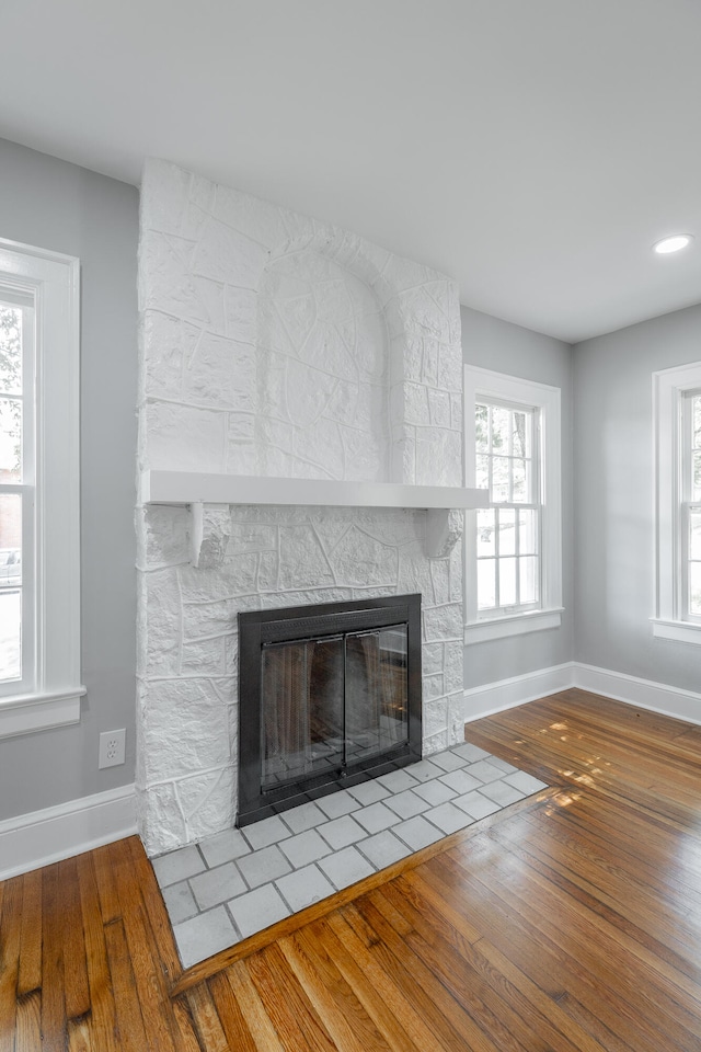 details with wood-type flooring and a fireplace