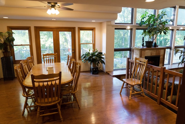 dining space featuring hardwood / wood-style flooring and ceiling fan