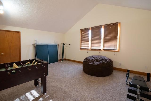 playroom with carpet flooring, lofted ceiling, and a textured ceiling