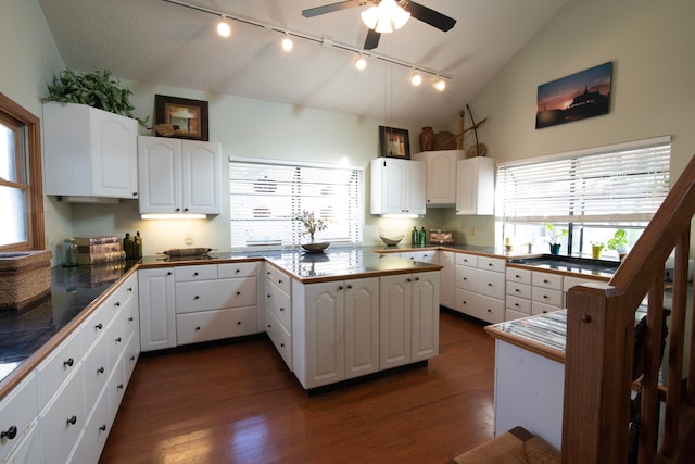 kitchen with kitchen peninsula, dark hardwood / wood-style floors, white cabinetry, and vaulted ceiling