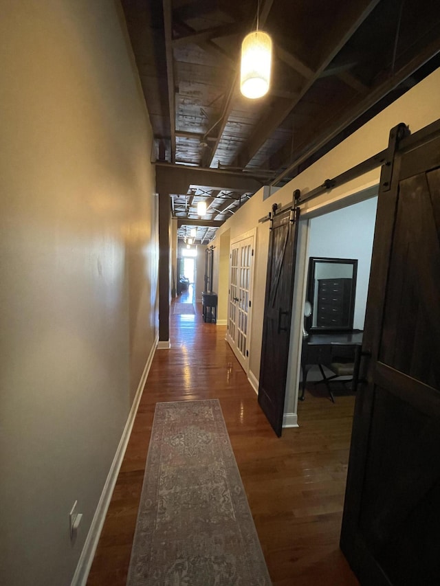 hall with a barn door and dark hardwood / wood-style floors