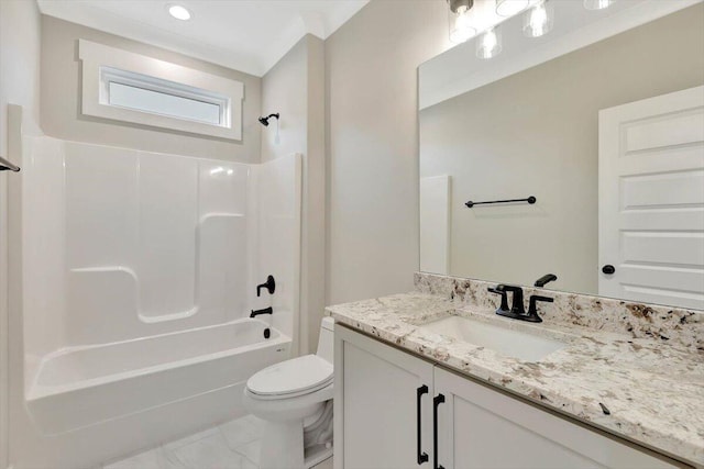 full bathroom featuring toilet, shower / washtub combination, and vanity