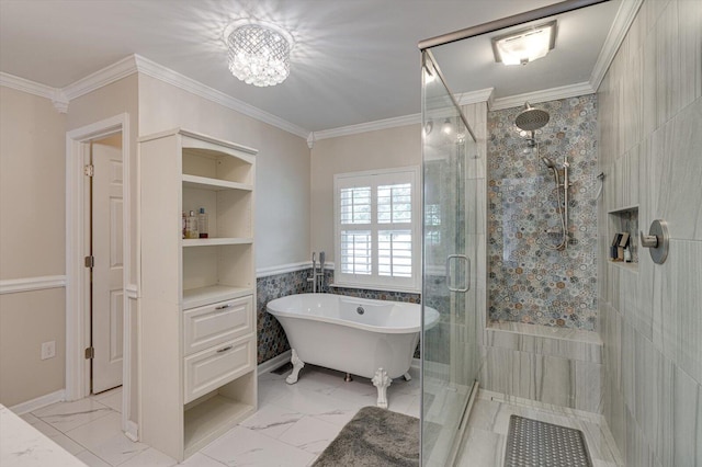 bathroom with plus walk in shower, a chandelier, and ornamental molding