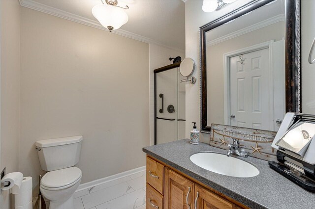 bathroom with crown molding, vanity, toilet, and an enclosed shower