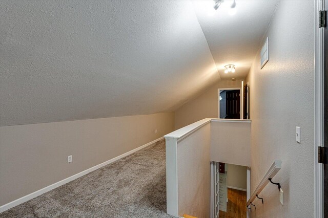 additional living space with a textured ceiling, lofted ceiling, and carpet