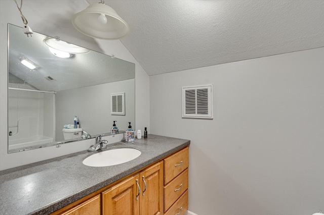 bathroom featuring lofted ceiling, vanity, a shower, and a textured ceiling