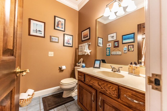 half bathroom featuring tile patterned flooring, baseboards, toilet, ornamental molding, and vanity