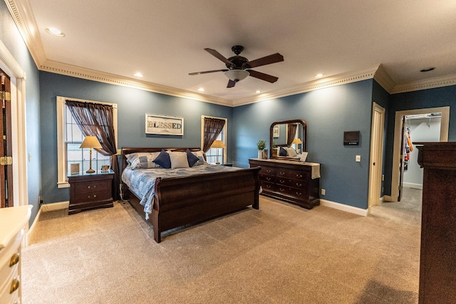 bedroom featuring recessed lighting, baseboards, light colored carpet, and crown molding