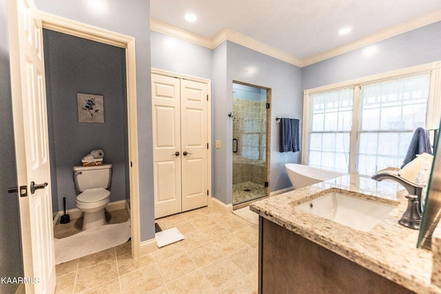 bathroom with baseboards, toilet, ornamental molding, and a shower stall