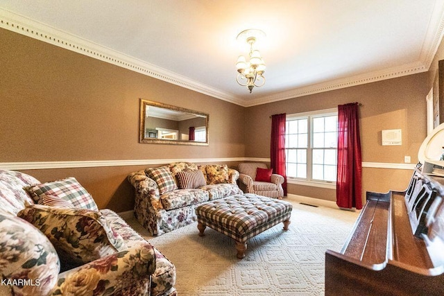 living area with an inviting chandelier, visible vents, carpet floors, and ornamental molding