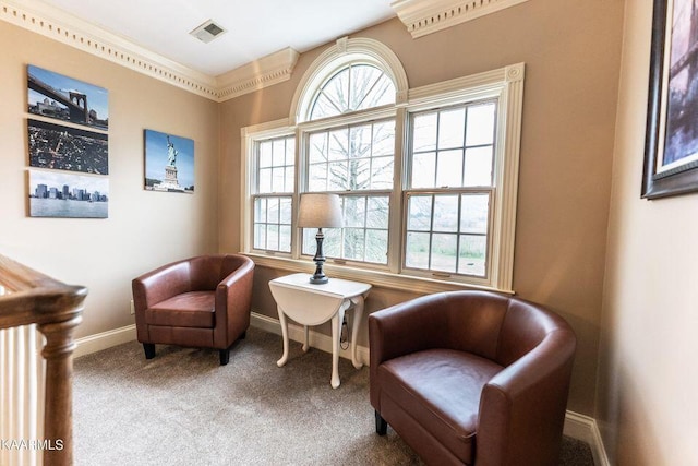 living area featuring carpet flooring, baseboards, and visible vents