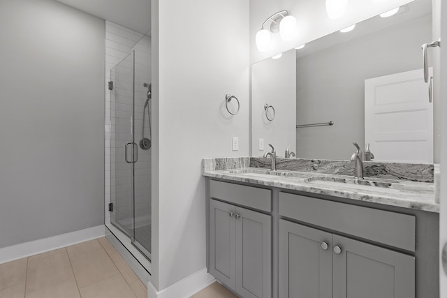 bathroom featuring tile patterned flooring, a sink, a stall shower, and baseboards