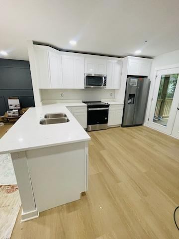 kitchen featuring light wood-type flooring, white cabinetry, kitchen peninsula, sink, and appliances with stainless steel finishes