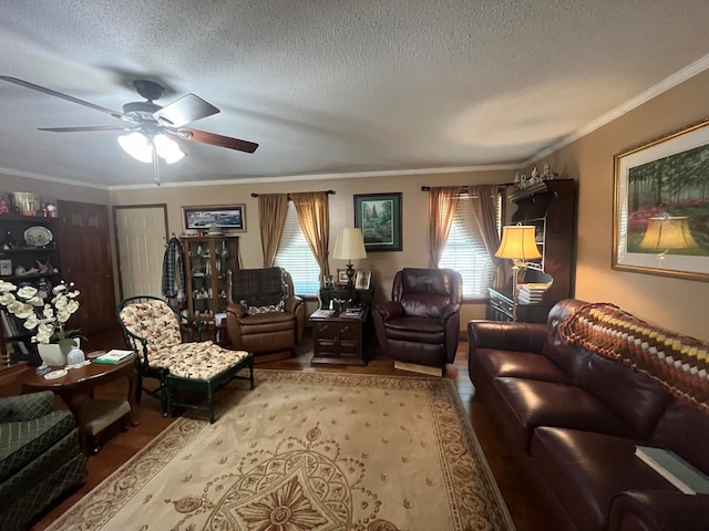 living area featuring ornamental molding, ceiling fan, and a textured ceiling