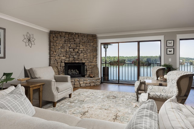 living area featuring a water view, a fireplace, wood finished floors, and crown molding