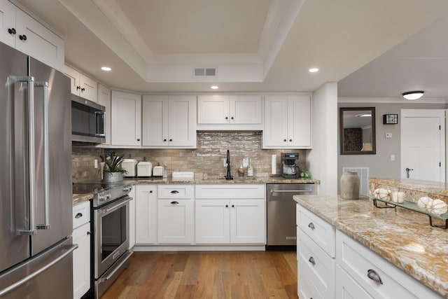 kitchen with a tray ceiling, light wood-type flooring, a sink, visible vents, and high end appliances