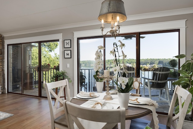 dining space featuring crown molding, wood-type flooring, a chandelier, and a water view