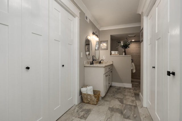 full bathroom with crown molding, a walk in shower, vanity, marble finish floor, and visible vents