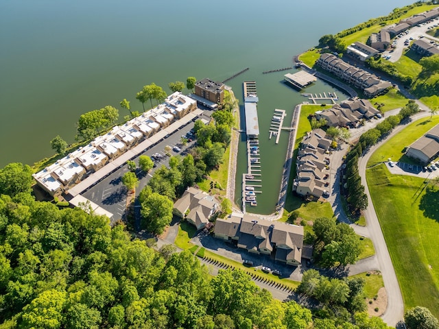aerial view featuring a water view and a residential view