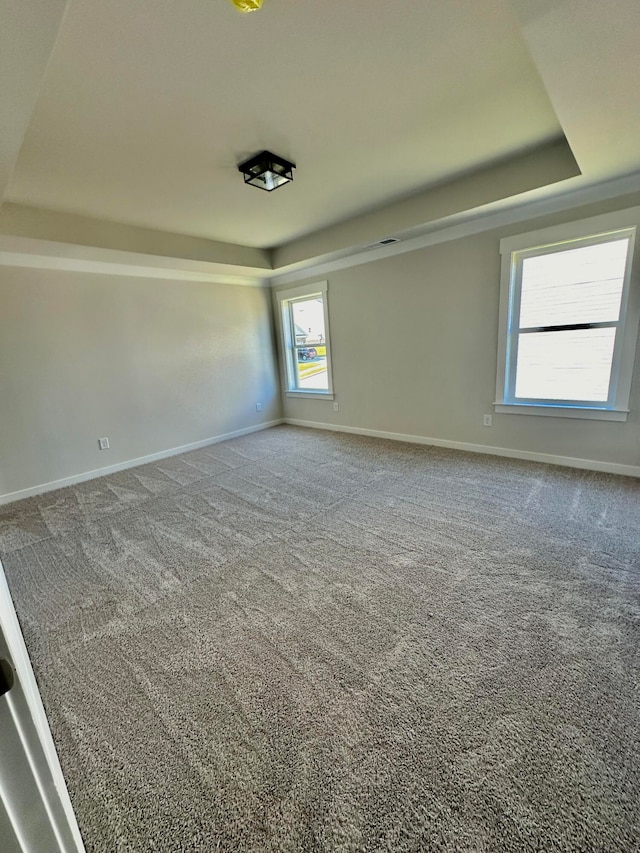 carpeted empty room with a tray ceiling