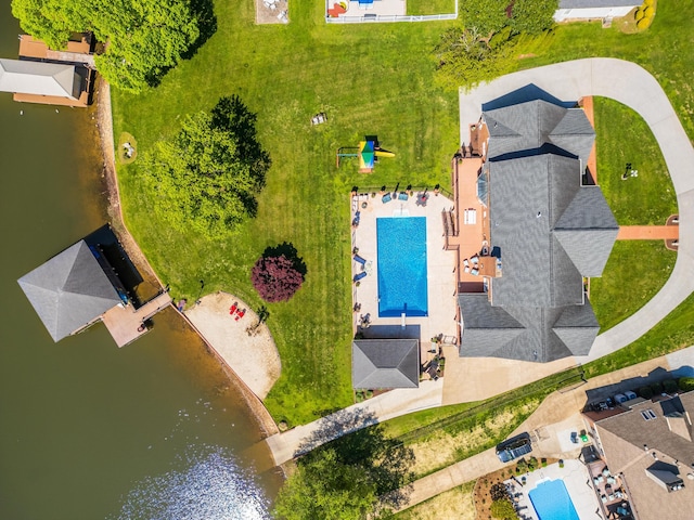 bird's eye view with a water view