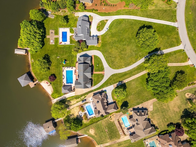 drone / aerial view with a water view