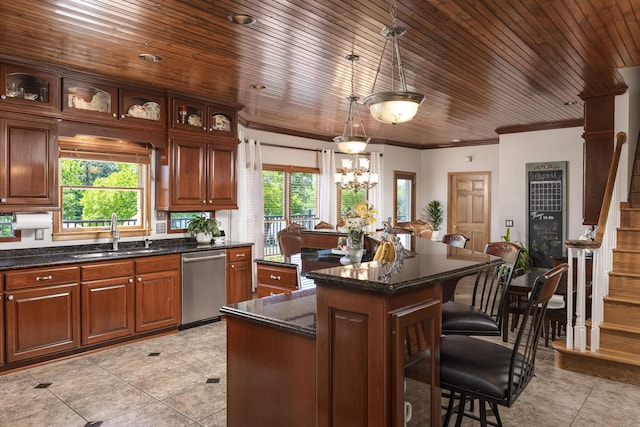 kitchen featuring pendant lighting, dishwasher, a center island, sink, and wooden ceiling