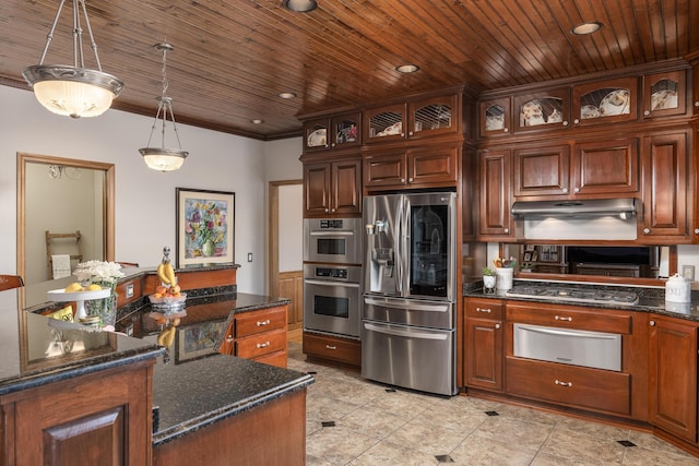 kitchen with decorative light fixtures, appliances with stainless steel finishes, wood ceiling, and dark stone counters