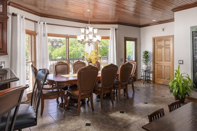 dining space featuring crown molding, wood ceiling, and an inviting chandelier