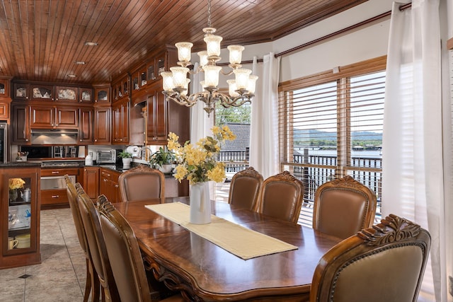 dining space featuring crown molding, a notable chandelier, and wooden ceiling