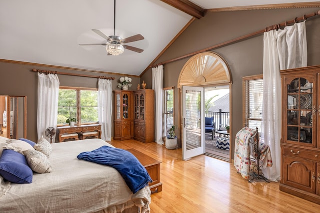 bedroom with ceiling fan, access to exterior, lofted ceiling with beams, and light hardwood / wood-style flooring