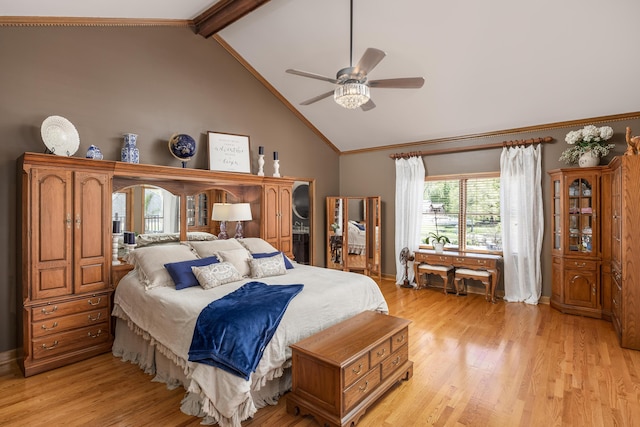 bedroom featuring light wood-type flooring, ceiling fan, high vaulted ceiling, and beam ceiling