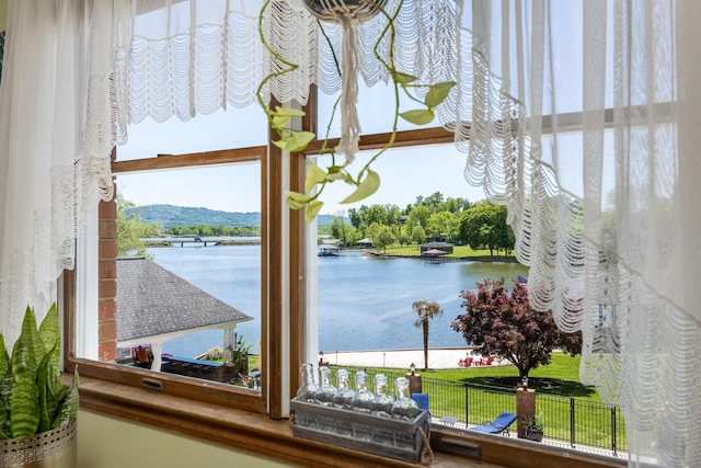 interior space with a water view