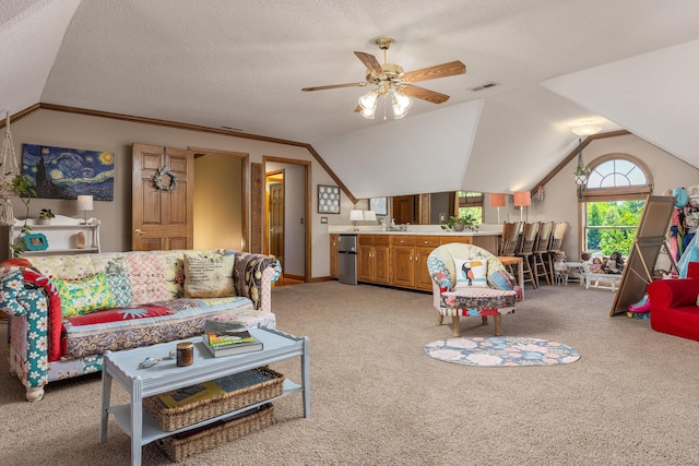 living room featuring crown molding, vaulted ceiling, light carpet, and ceiling fan