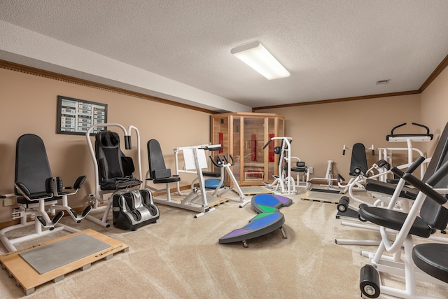 workout area featuring ornamental molding and a textured ceiling