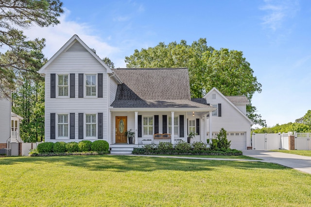 view of front of home featuring a garage, a front lawn, and covered porch