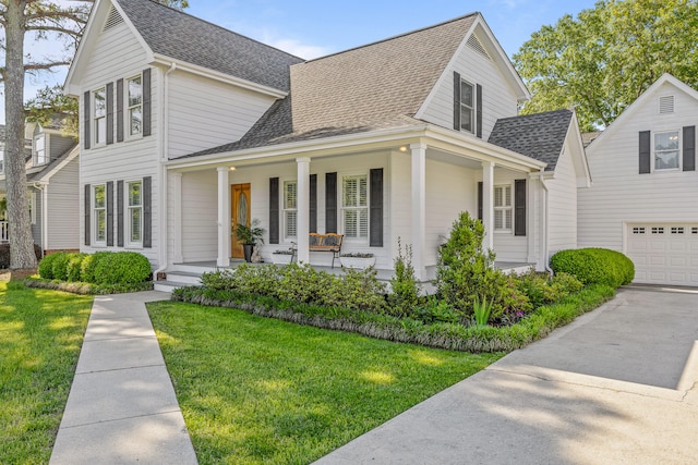 view of front facade featuring a porch, a garage, and a front lawn