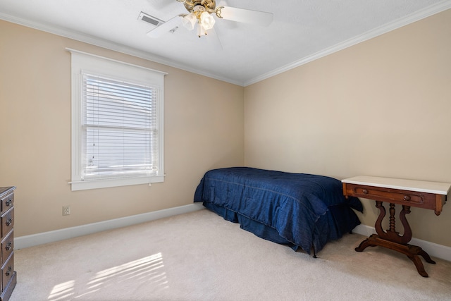 bedroom with light carpet, ornamental molding, and ceiling fan