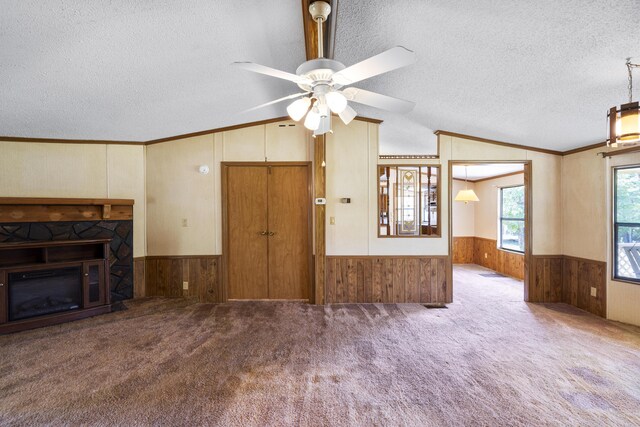 unfurnished living room featuring wood walls, a wainscoted wall, vaulted ceiling, and a textured ceiling