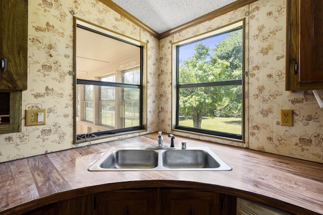 kitchen with crown molding, wood counters, a sink, and wallpapered walls