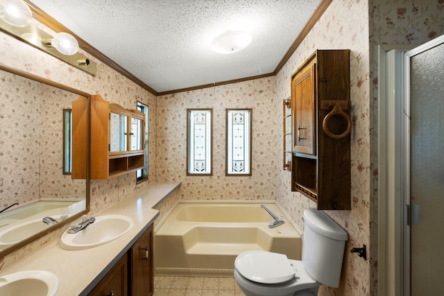 bathroom featuring wallpapered walls, a sink, crown molding, and a textured ceiling